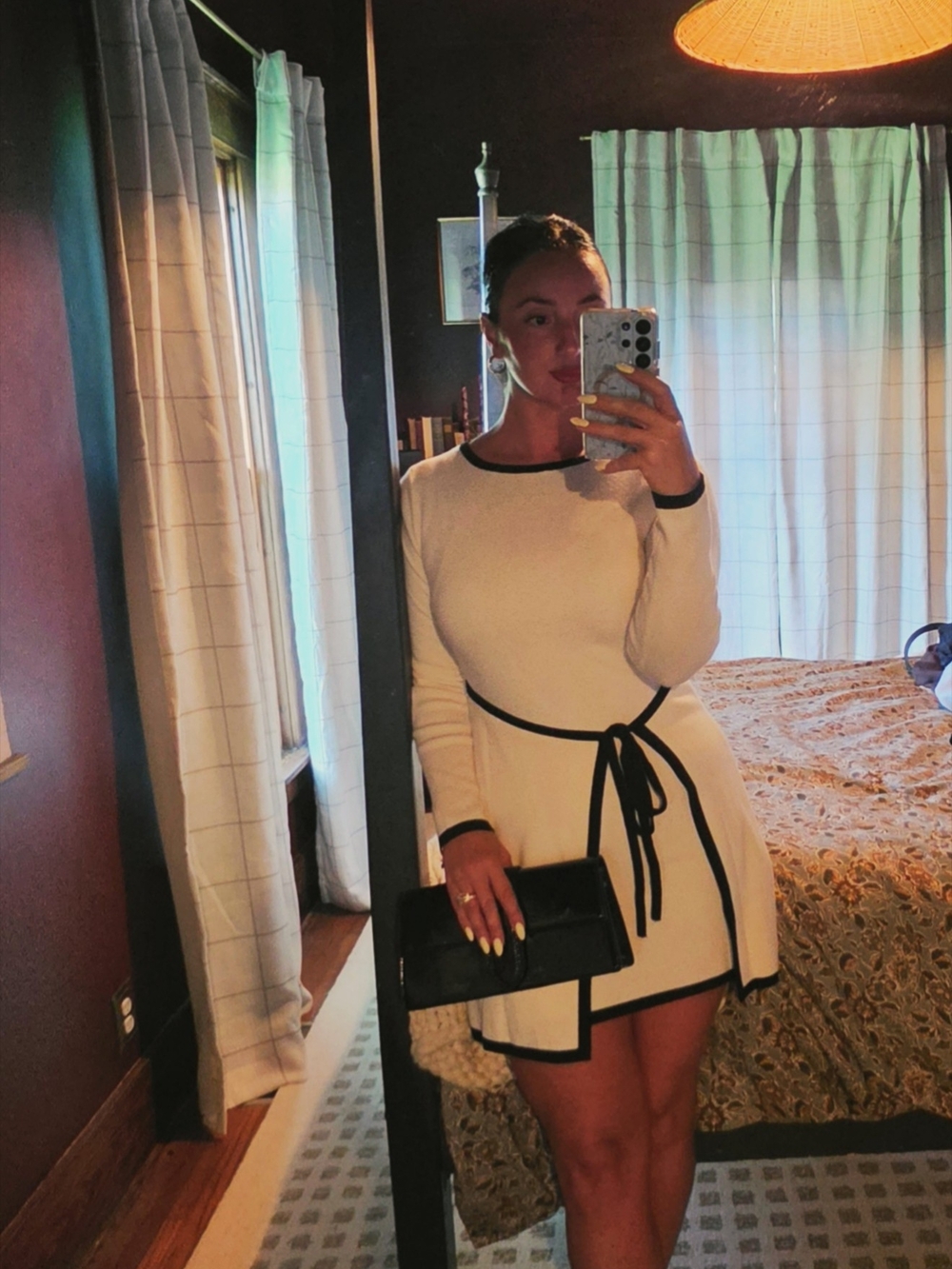 Commense Cream Mini Dress with Black Trim and Waist Tie